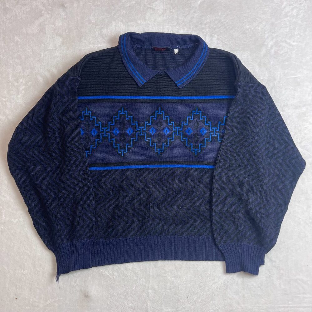 Vintage Playboy Men's Blue Geometric Pattern Knit Sweater Size M 80s V-Neck